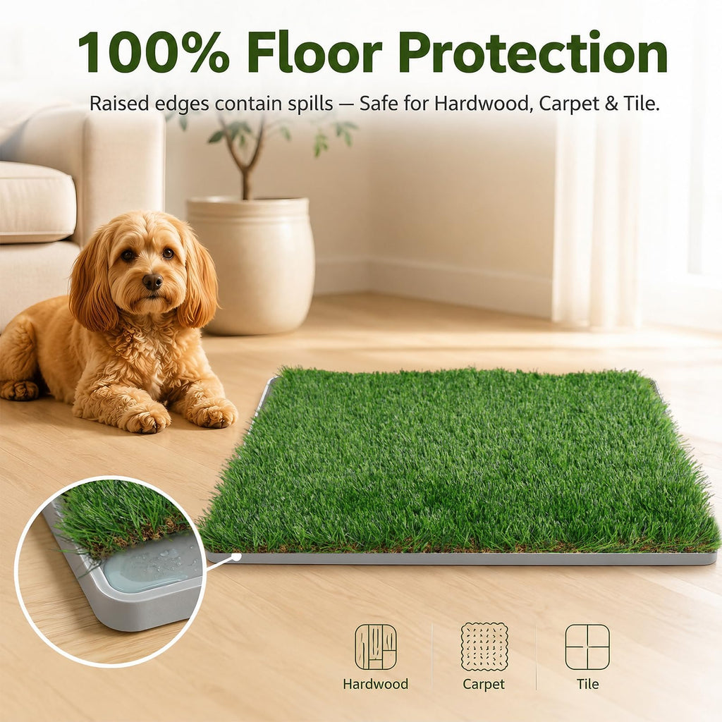 Dog Grass Pad with Tray 20" x 24" Artificial Grass Pee Pads with Non-Slip Grey Silicone Tray & 2 Replacement Grass Mats K4346