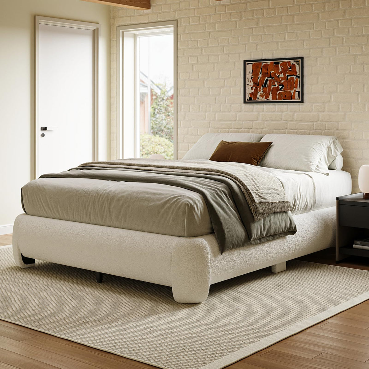 Queen Size White Boucle Upholstered Bed Frame T718806