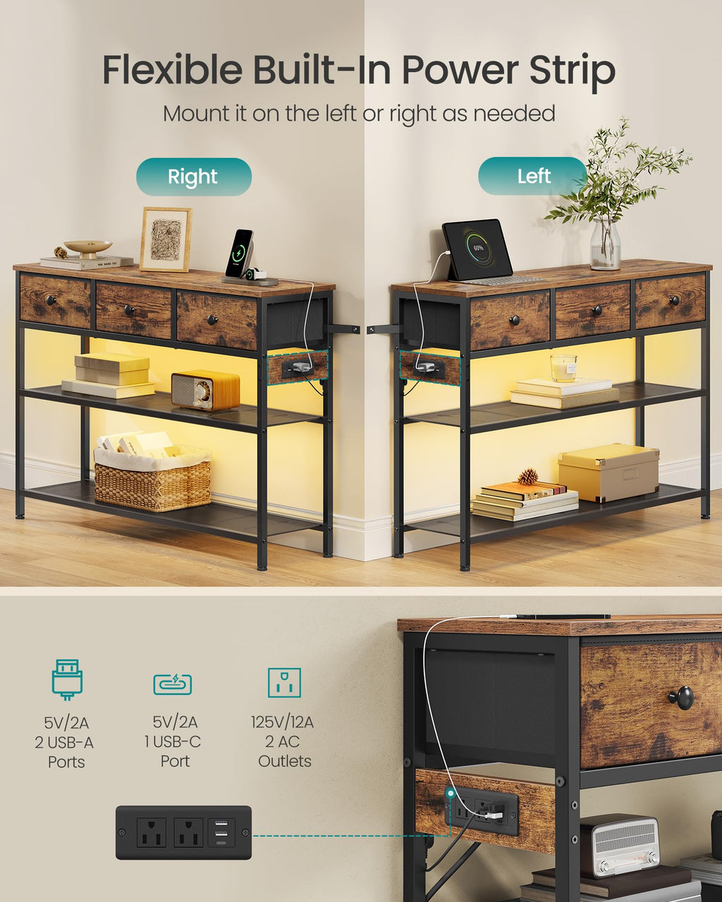 Console Table with Power Outlets and LED Lights X384