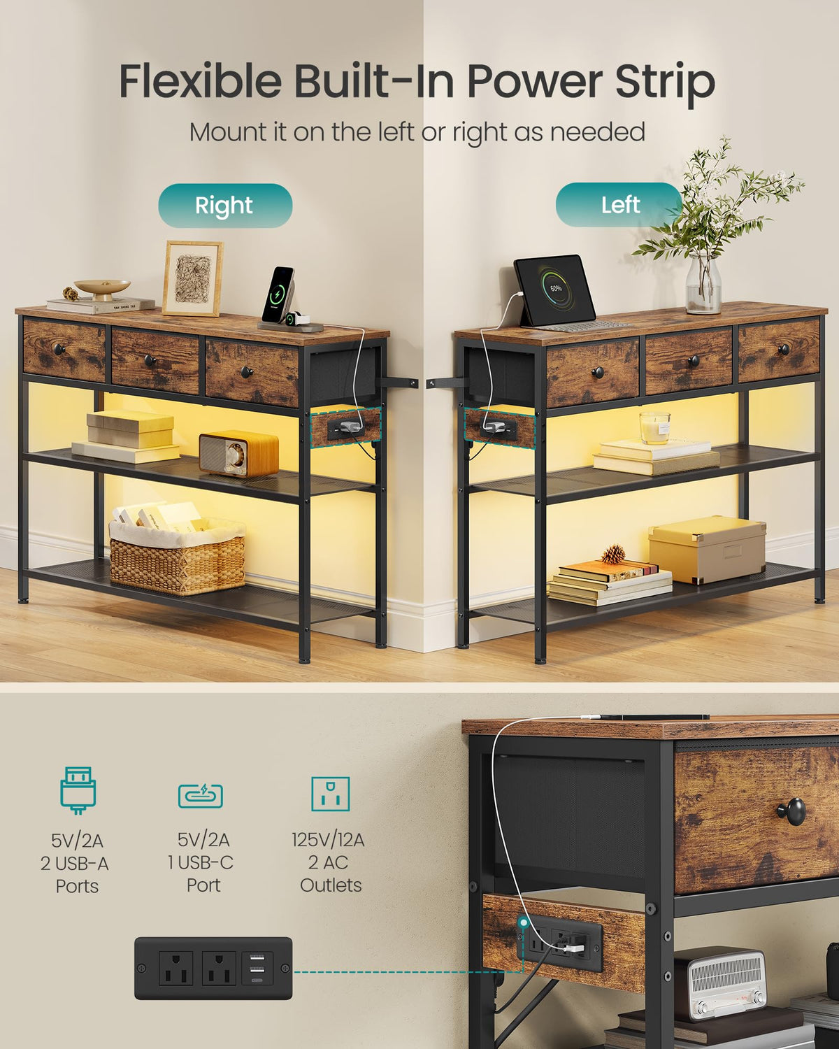 Console Table with Power Outlets and LED Lights X384