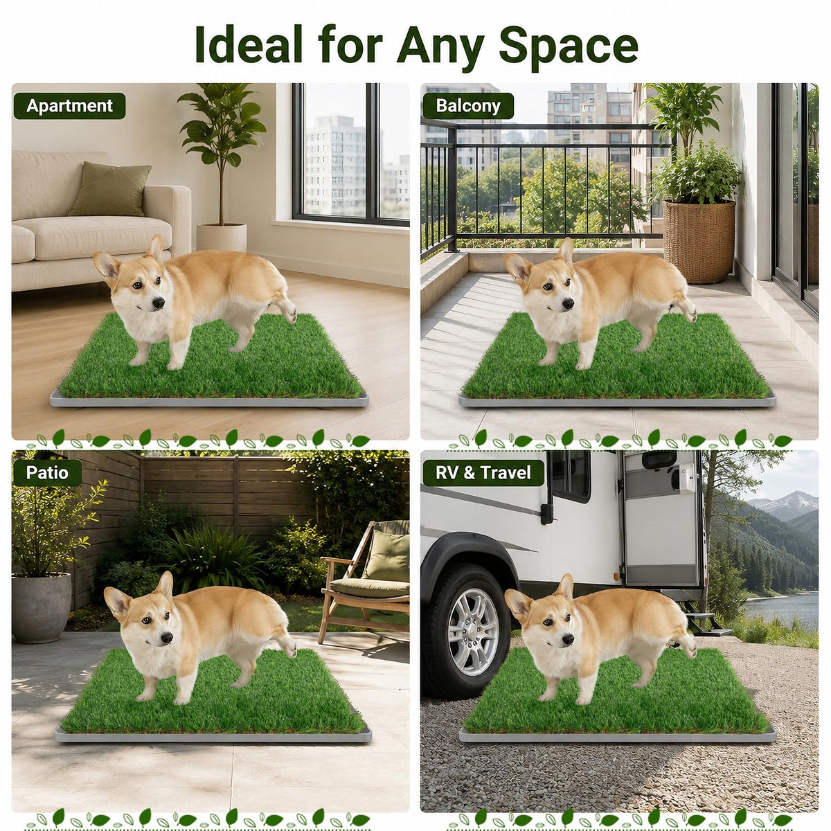 Dog Grass Pad with Tray 20" x 24" Artificial Grass Pee Pads with Non-Slip Grey Silicone Tray & 2 Replacement Grass Mats K4346