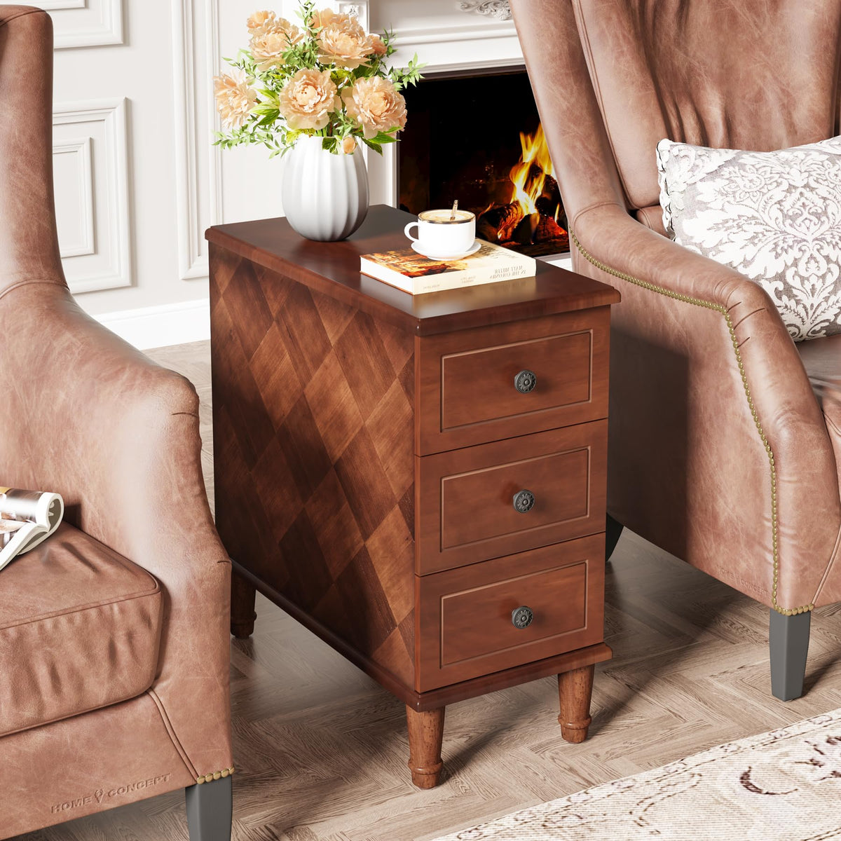 Fully Assembled Set of 2 Narrow 3 Drawer Brown End Table U9719
