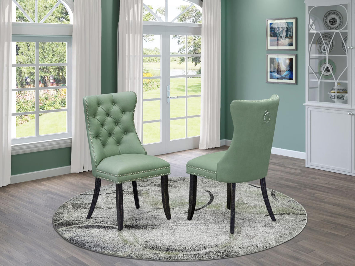 Button Tufted Nailhead Willow Green Polyester Upholstered Dining Chairs, Set of 2 W237