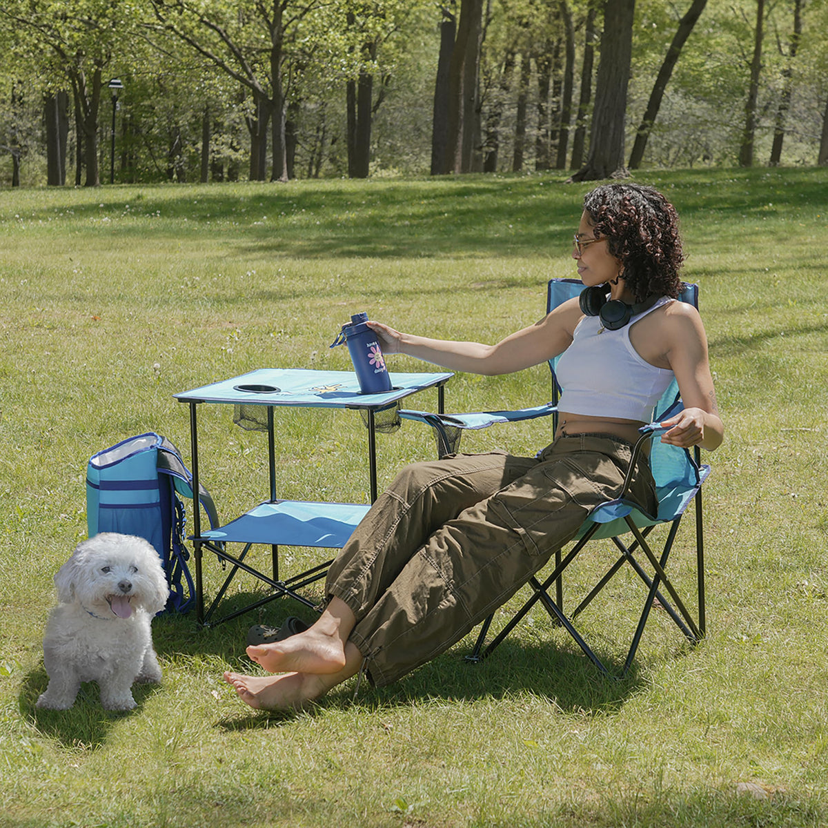22” Square Compact Outdoor Folding Table with Cup Holders and Carry Bag M10591