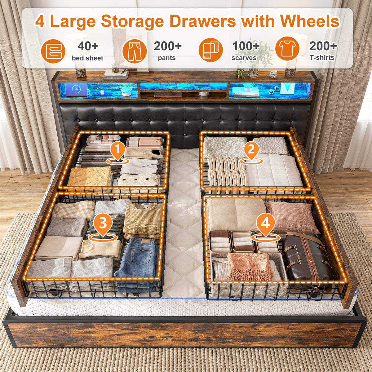 King Bed Frame with 4 Drawers Y9724