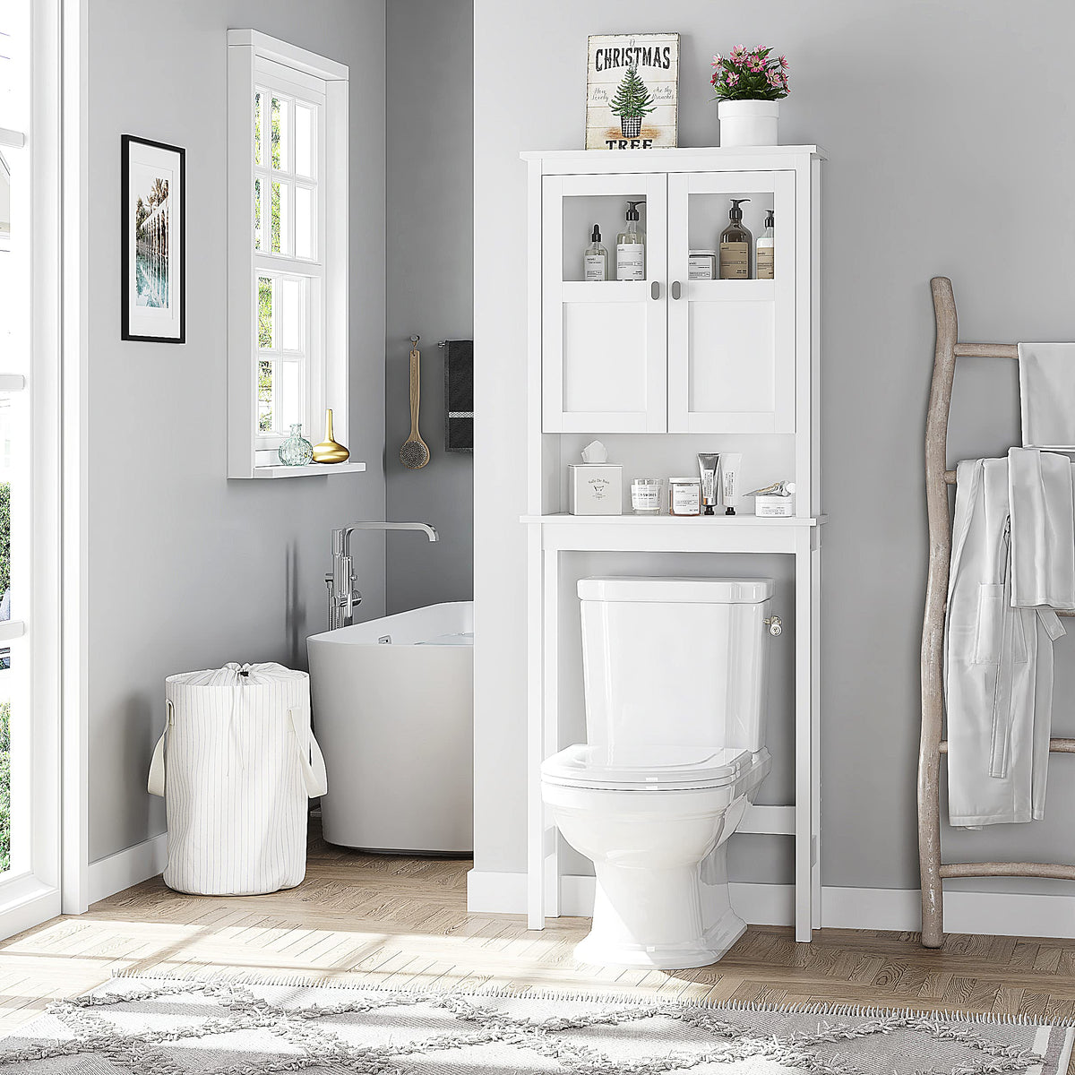 White Over the Toilet Storage Cabinet with Glass Doors H2424