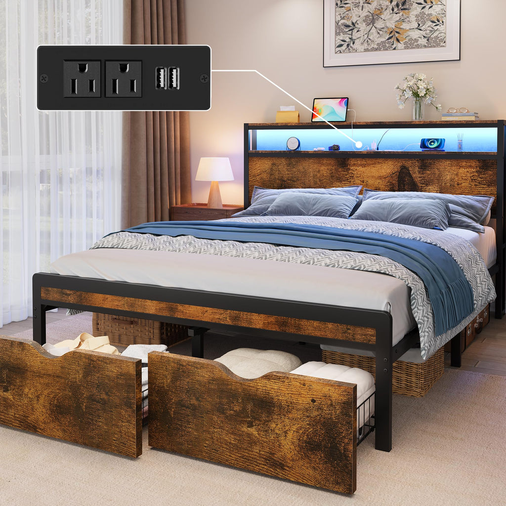 Full Size Metal Platform Bed Frame with 2 Storage Drawers G48326