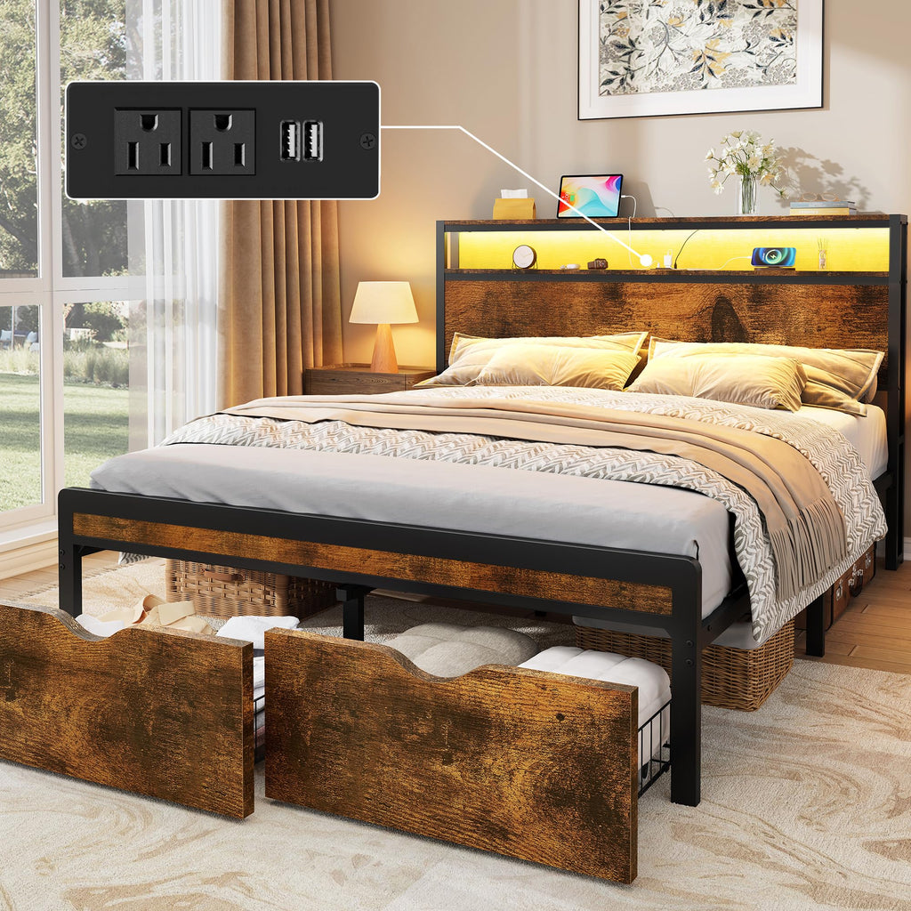 Full Size Metal Platform Bed Frame with 2 Storage Drawers G48326